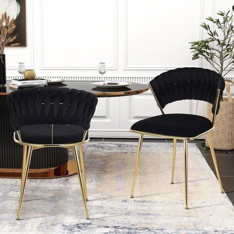 Conjunto de 2 Sillas de Comedor, Escandinavas, Sillas con Respaldo Redondo Tejido y Patas de Metal, Sillón de Terciopelo, Silla de Cocina, Salón (1/5)