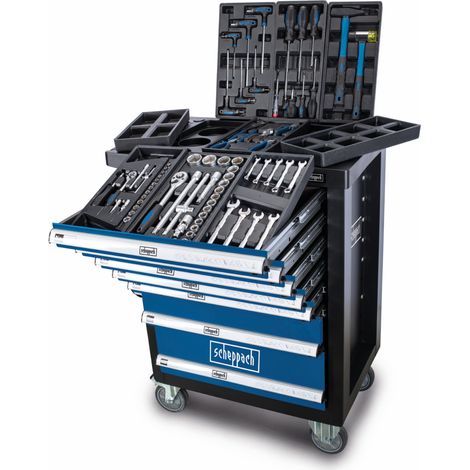 Scheppach Servante d'atelier TW1100 Set d'outils - Chariot d'outillage avec 4 roulettes - 70 pièces incluses - Verrouillable et Mobile - 7 tiroirs