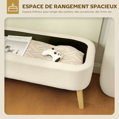 Banc rangement bout de lit couvercle pieds bois 65L 220 kg 120x42x45 cm beige