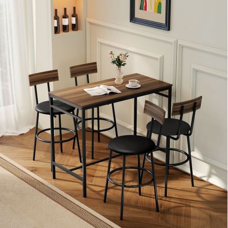 Conjunto de mesa alta industrial de 5 piezas con 4 taburetes, madera y acero, marrón (1/5)