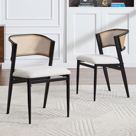 Wahson Sedie Set di 2 in Tessuto, Vintage Sedia da Pranzo con Schienale in Rattan, Sedia Imbottita con Gambe in Metallo, Nero (1/5)