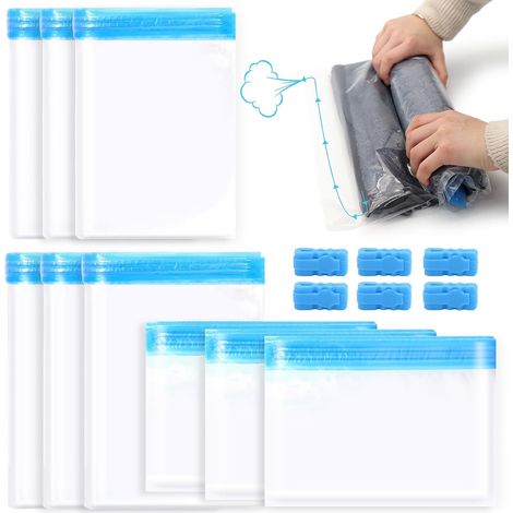 9 pièces de sac sous vide vetement aspirateur, sac rangement sous vide aspirateur, sac de rangement sous vide pour la compression des vêtements de voyage et l'organisation quotidienne des vêtements. (1/5)