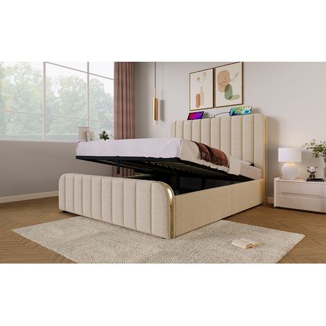 Lit double 140×200 cm, sommier coussiné, bords dorés, charge USB Type-C. Structure lin beige, système hydraulique, capacité 181 kg (avec matelas). (1/5)