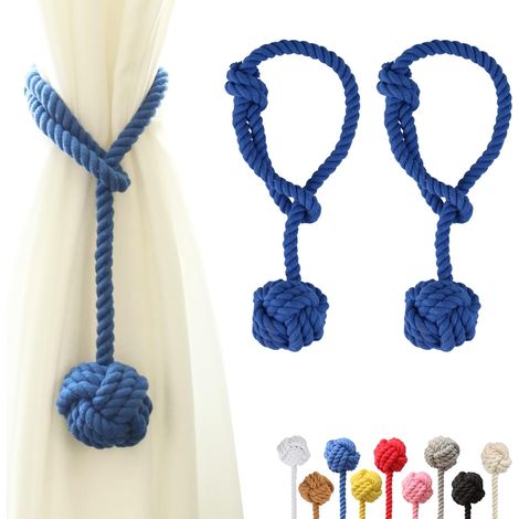 Lot de 2 - Embrasse de Rideau - Cordon en Coton - Boule Tissée à la Main pour Décoration Intérieure et Extérieure Bleu 64,8x7cm