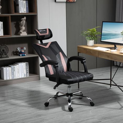 Silla de oficina ergonómica de malla, silla de escritorio con ruedas, soporte lumbar y cervical, altura ajustable y reclinable, 58x62,5x112-120cm, rosa