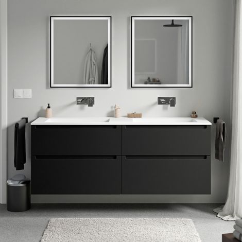 Unterschrank Bernstein VIREO 160cm mit Mineralguss Waschbecken BRUXELLES Badmöbel: Schwarz matt, Waschbecken: Weiß matt ohne Hahnloch