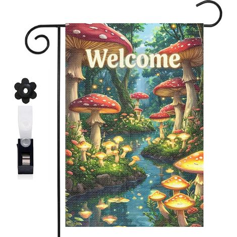 Drapeau de jardin bienvenue 30 x 45 cm motif champignons et forêt naturelle toile double face résistante (1/5)