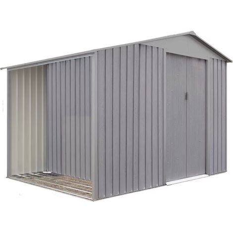 Chalet & Jardin – Abri de jardin métal 5,31 m² – Acier galvanisé avec bûcher intégré – Dimensions ext. 278 x 191 x 195 cm – Coloris gris/bois vieilli (1/4)