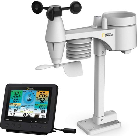 National Geographic Stazione meteo wireless con sensore da esterno WLAN, centralina meteo a colori con sensore 7 in 1 per vento, umidità, temperatura, precipitazioni, livello UV e intensità della luce