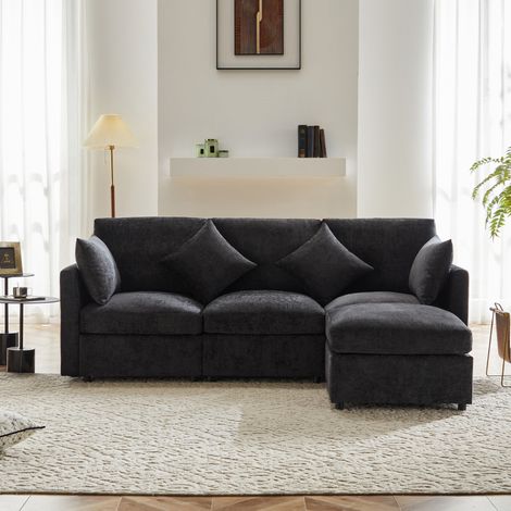 Canapé d’angle 216x161x81 cm gris en chenille modulaire avec pouf mobile et 4 coussins (1/5)