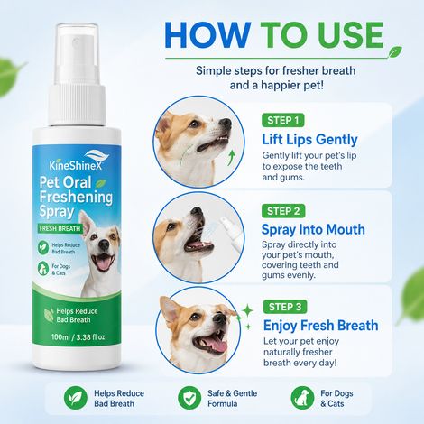 KineShineX Pet Oral Freshening Spray freshens breath, removes odors, and gently cleans teeth for dogs and cats. (1/4)