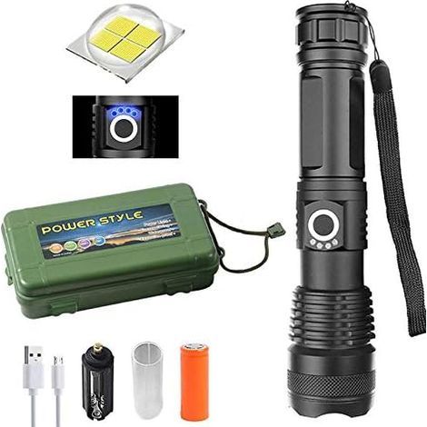 LED-Taschenlampe, 9000 Lumen xhp50.2 Leistungsstarke LED-Taschenlampe USB-Zoom-Taschenlampe Teleskop-USB-Zoom Wasserdichte Camping-Taschenlampe (FlashlightX + 26650 Batterien + USB-Kabel) (1/5)