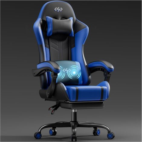 Fauteuil gamer ergonomique avec massage, repose-pieds, noir et bleu (1/5)
