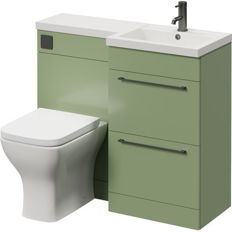 Napoli 390 Olive Green 1000mm 2 Drawer Vanity Unit Toilet Suite with Right Hand Square Lucia Basin - 1000mm - Gunmetal Grey 320mm HandleWith Kingston Toilet Pan and Seat