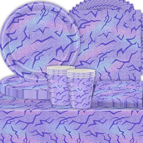 61 Pièces Vaisselle de Fête Effet Craquelé Démon Violet, Décorations d’anniversaire, Laser-Nappe Assiette Tasse Serviette Papier (1/5)