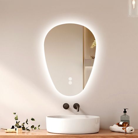 EMKE LED Badspiegel mit Anti-Beschlag 70 x 50 cm Asymmetrischer Wassertropfenspiegel mit 3 Dimmbare Lichtfarben (1/5)