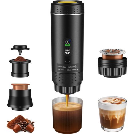 Cafetera espresso portátil, compatible con 3 funciones de preparación, carga rápida USB-C, color negro. (1/2)