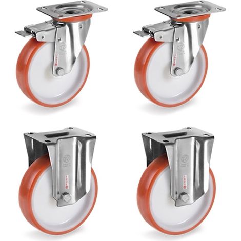Lot de 4 roulettes INOX pivotantes à frein et fixes polyuréthane rouge 80 mm - 360Kg (1/3)