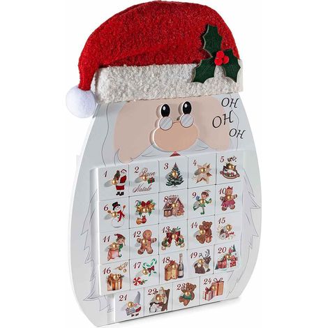 Calendario dell'Avvento in legno a forma di Babbo Natale con 24 cassetti numerati decorati con motivi natalizi per regali fai da te, cm 29 x 7 x 42 H