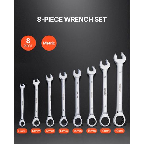 Jeu de Clés Mixtes 8 PCs, Clés à Cliquet Métrique 8-19 mm, Ensemble de Clés en Acier Cr-V, avec Support de Rangement, pour Travaux… (1/5)