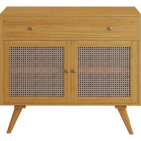 Meuble sous vasque en teck clair et cannage - 90 cm - MANSULAN (1/3)