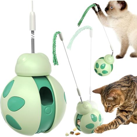 Juguete interactivo para gatos, rompecabezas de interior, alimentación lenta, estimulación mental, pelota deslizante y rodante con juguete para gatos (verde, mariquita)