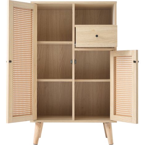 Credenza salvaspazio in effetto rovere con 2 ante in rattan e 1 cassetto, 60 x 40 x 101 cm (1/5)