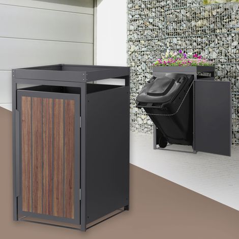 ML-Design Abri Cache 1 Poubelle 68x80x124cm 240L, Anthracite Aspect Bois Foncé en Acier, Toit pour Plantes/Fleurs, Porte Clôture, Habillage Conteneur, Protection Visuelle, Résistant aux Intempéries