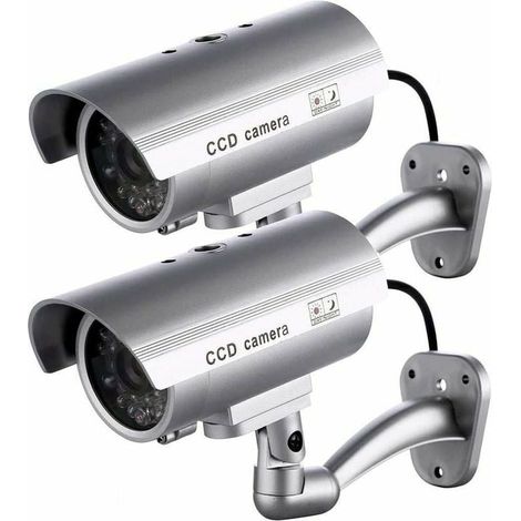 Confezione da 2 telecamere finte Ulisem, telecamere finte per esterni per uso interno o esterno, con forma a proiettile e LED lampeggiante, RTGPT (argento) (1/4)