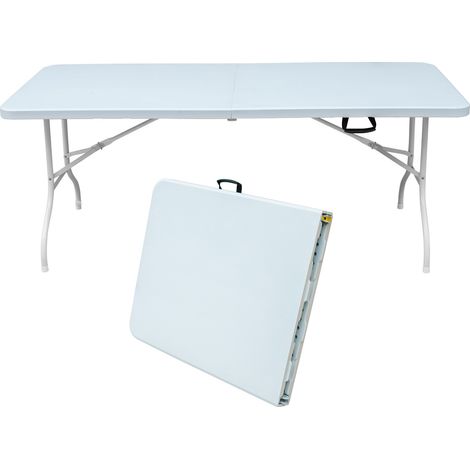 Table pliante robuste portable 180 cm avec poignée, multifonction pour camping et usage intérieur/extérieur, charge max 135 kg, blanche (1/5)