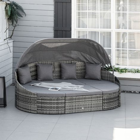 Îlot de jardin en rotin, ensemble de 4 pièces avec parasol, 4 coussins, structure en métal gris, 230 x 145 x 80 cm (1/5)