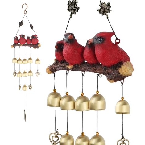 Carillon à vent avec clochettes pour décoration extérieure de jardin et maison - Oiseaux rouges. (1/5)