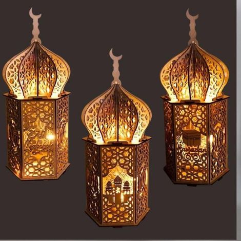 Lampe LED - Décoration Ramadan - Lanterne Lune En Bois - Pour Eid Mubarak - Intérieur Jardin Piscine - 10 x 10 x 24 cm (1/5)