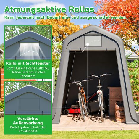 Abri de rangement 366x213x225 cm, toit incliné, bâche PE déperlante anti-UV et rafales, fenêtre ventilée, piquets en L fournis, idéal pour moto, vélos et équipements de jardin. (1/5)