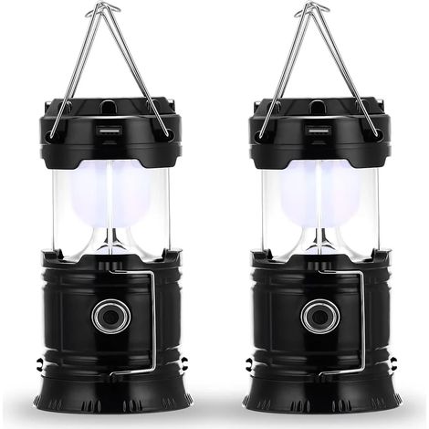 Lampe de camping à LED, prise et rechargeable solaire, avec batterie externe, étanche et coupe-vent, pour randonnée, camping, urgence, ouragan, pêche de nuit, IP66 étanche, pack de 2 [Classe énergétiq (1/5)