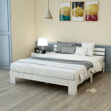 Lit double en bois massif 140x200 cm avec sommier Ă lattes et tĂŞte de lit, cadre de lit rustique en pin naturel (1/5)