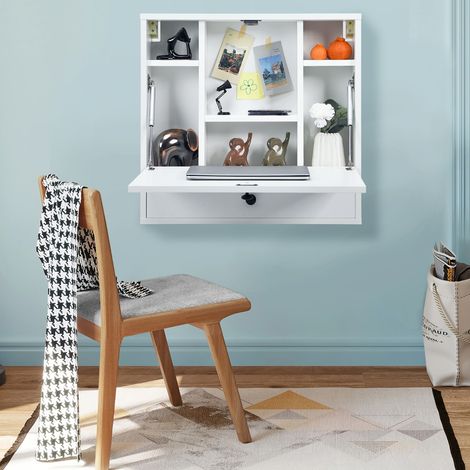 Bureau Mural pour Ordinateur Portable Bureau Flottant avec Étagères de Rangement Tiroir Table Multifonctionnelle avec Plateau Pliable Blanc (1/3)