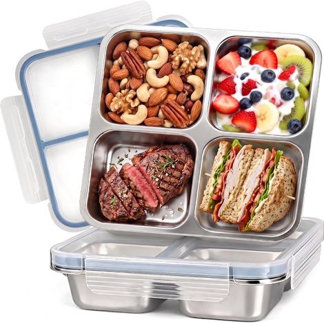 2er Snackbox Edelstahl 4 Fächer 720ML Bento Box leckdicht mit Deckel (1/5)