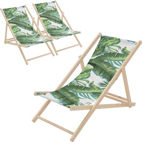 ECD Germany 3x Sedia a Sdraio Pieghevole in Legno con Tessuto Traspirante Verde-Bianco Tropicale, Schienale Reclinabile in 3 Posizioni Lettino Relax con Portata 120 kg per Spiaggia Giardino e Terrazzo