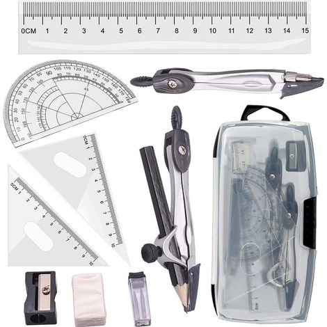 Ensemble de compas et rapporteur Tuloka (10 pièces) pour l'enseignement des mathématiques et le dessin technique à domicile, avec mallette de transport.