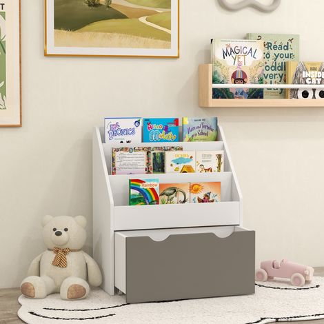 Bibliothèque pour enfants de 3 à 8 ans à 3 étagères avec tiroir inférieur, en MDF, 62,5x30x70 cm, grise (1/5)