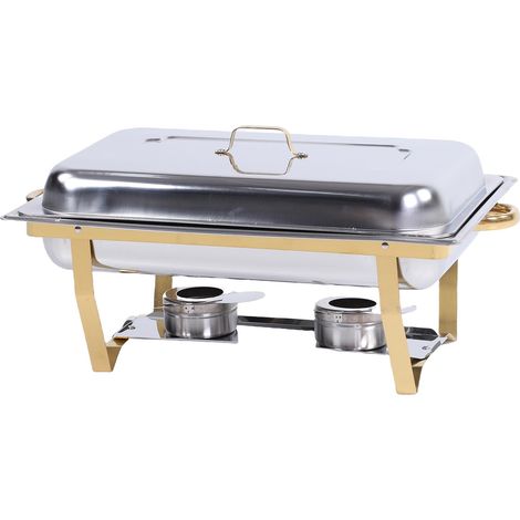 RÉCHAUFFE-PLATS BUFFET RECTANGULAIRE ACIER INOXYDABLE DORÉ, 65X32CM, AVEC 2 RÉCHAUD ALCOOL, POUR MARIAGE, RÉCEPTION ET TRAITEUR (1/5)
