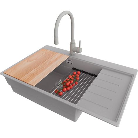 PRIMAGRAN Evier Cuisine en Granit 78x50cm,Lavabo 1 bac + Robinet 38x14cm + Kit de Vidage + Accessoires, Évier à Encastrer au meuble 60cm - Sydney, Gris