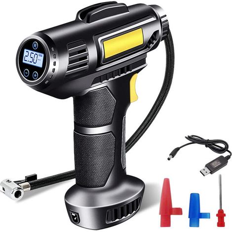 Compressore digitale portatile per pneumatici auto, batteria ricaricabile USB da 2000 mAh, 150 psi, con LED e ugelli per auto, gonfiatore per pneumatici, moto e biciclette.