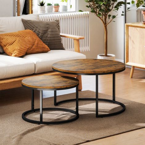 Lot de 2 tables basses gigognes empilable design industriel plateau imitation ciment pieds en métal brun rustique (1/5)