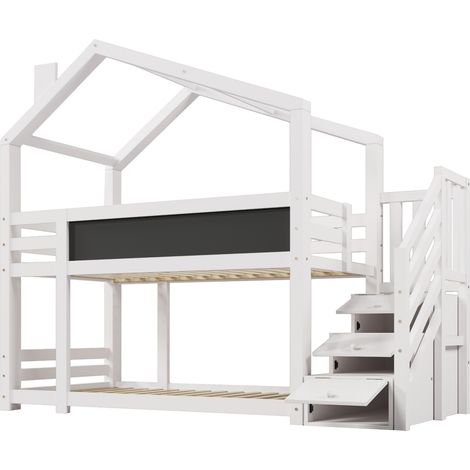 Kinder-Hausbett 90 x 200 cm mit Stauraumleiter und Tafel, Weiß, HOMVRA (1/5)