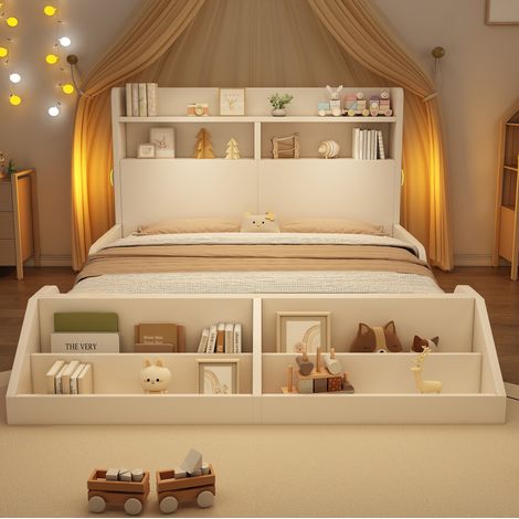 Lit double en bois blanc 140x200 cm avec sommier à lattes, étagères de tête de lit, bibliothèque amovible et veilleuses (1/5)