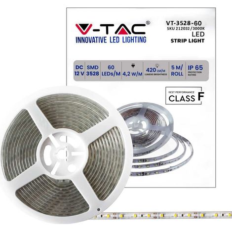 V-TAC VT-3528 12V led streifen strip SMD3582 5M 4.2W/M 60LED/M 100LM/W warmweiß 3000K Wasserdicht IP65 - SKU 212032 (1/5)