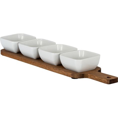 Acacia Serving Board including Four Ceramic Serving Bowls - L8 x W40 x H4 cm - Brown