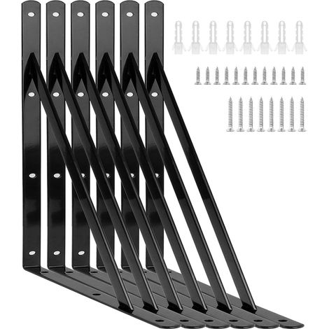 Heavy Duty Triangle Shelf Brackets, 6Pcs 400mm Metal, Black - Wall Mount, Industrial-strength for Storage (1/5)